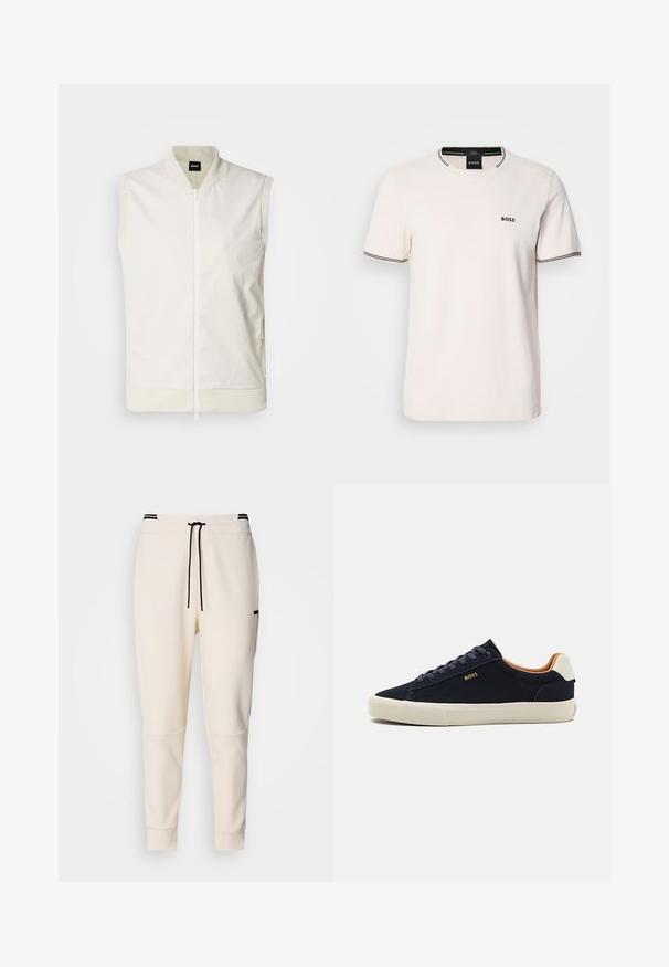 Balta be rankovių liemenė su priekyje užtrauktuku, raukšlėtu apykakle ir apačia bei švelniu logotipu ant krūtinės. Pagaminta iš lygaus, lengvo audinio.; Šviesiai rožinė medvilninė marškinėliai. Apvalus kaklas su kontrastingu juodu ribotu apvaduku. Mažas juodas "BOSS" logotipas ant krūtinės. Trumpomis rankovėmis.; Sviestinės spalvos džinsai su elastine juostele ir raišteliu, juodais akcentais, siaurėjančiomis kojomis ir šoninėmis kišenėmis.; Tamsiai mėlynos suknelės odos žemi batai su smėlio spalvos padu, kontrastuojančia tan spalvos vidine dalimi ir logotipo detalėmis išorinėje pusėje. Savybės: apvalios raišteliai ir lygi tekstūra.