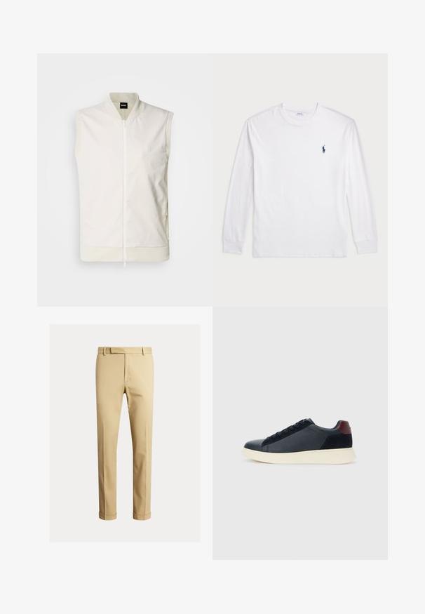 Colete branco sem mangas com fecho frontal, colarinho e bainha canelados, e um logo subtil no peito. Feito de um tecido liso e leve.; Camisola de manga longa branca feita de algodão. Apresenta um decote redondo, punhos canelados e um pequeno logótipo de polo azul-marinho no lado esquerdo do peito.; Chinos caqui feitos de um tecido de algodão suave, com um design ajustado, pregas frontais e punhos no tornozelo para um visual afinado.; Sapatilha baixa masculina em couro preto e camurça com aba de calcanhar em amarelo-escuro e sola de borracha branca, vista do lado exterior.
