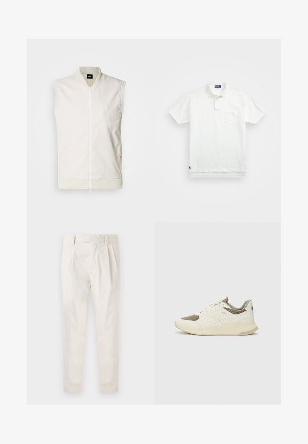 Balta be rankovių liemenė su priekyje užtrauktuku, raukšlėtu apykakle ir apačia bei švelniu logotipu ant krūtinės. Pagaminta iš lygaus, lengvo audinio.; Balta polo marškiniai pagaminti iš medvilnės, su klasikiniais kraštais, trijų mygtukų sprandeliu ir kairiuoju krūtinės kišeniu; mažas logotipas apačioje.; Balti, susiūtos kelnes, turinčios pritaikytą siluetą, pasižyminčias lygia tekstūra, dirželio kilpomis ir siaurėjančiomis kojomis. Nėra matomų kišenių ar raštų.; Baltas ir šviesiai bežinis sportinis kedas, su tinklo viršumi, perforuotais detalėmis ir tekstūruotu tarpine su logotipu ant kulno.