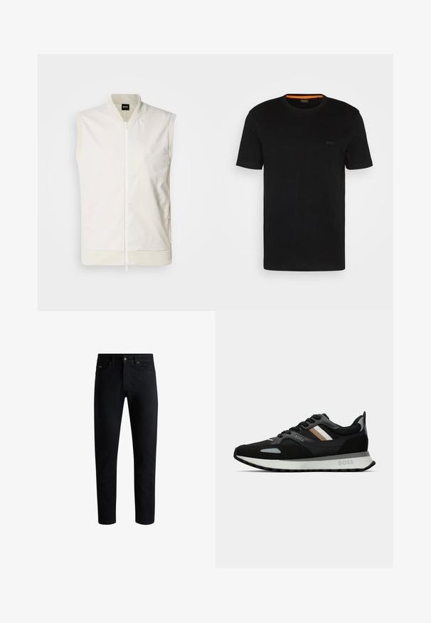 Ermeløs hvit vest med glidelås foran, ribbestrikket krage og nederkant, samt en diskret logo på brystet. Laget av et glatt, lett stoff.; Svart kortermet t-skjorte laget av myk stoff, med rund hals og en subtil logo foran. Inni kragen er det oransje detaljer.; Sorte slim-fit jeans med fem lommer, knaplukning og bæltestropper, præsenteret mod en hvid baggrund.; Svart løpetreningssko med teksturert overflate, lysegrå detaljer og tre horisontale striper i brunt. Har en hvit polstret såle.