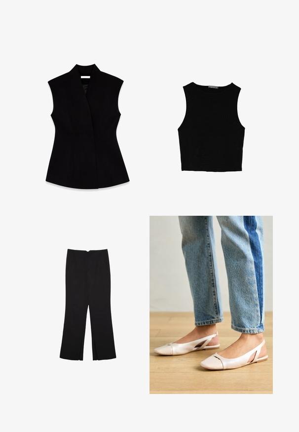 Musta hihaton liivi, jossa on korkea kaulus, valmistettu sileästä kankaasta, ja siinä on vartalonmyötäinen siluetti sekä sivusaumat muotoilua varten.; Musta hihaton crop-top, joka on valmistettu sileästä kankaasta, jossa on pyöreä kaula-aukko ja siisti, yksinkertainen muotoilu ilman kuvioita tai varusteita.; Mustat housut suoralinjaisella leikkauksella, joissa on etutaskut ja sivurei'ät helman alla. Valmistettu pehmeästä ja sileästä kankaasta. Sopii eri tilaisuuksiin.; Vaaleanpunaiset slingback-ballerinat, joissa on terävä kärki, valmistettu sileästä nahkamaisesta materiaalista. Sivujen leikkuuyksityiskohdat ja tasapohja.