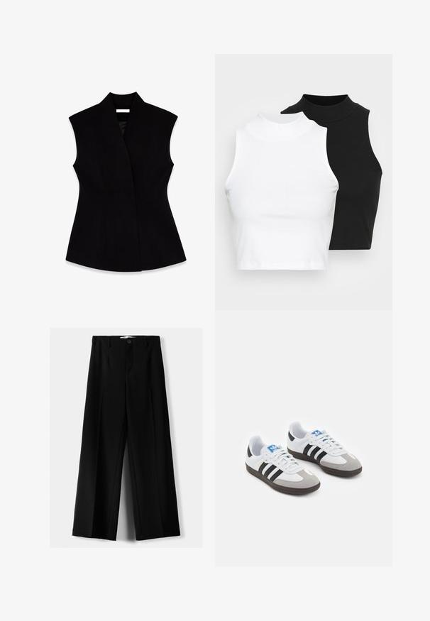 Črn brezrokavnik z visokim ovratnikom, izdelan iz gladkega materiala, z oblikovanim silhuetom in stranskimi šivi za oblikovanje.; Dva brezrokavniki z rebrasto turtleneck gorami v črni in beli barvi, z oblikovanim dizajnom in gladko teksturo, v skrajšani dolžini.; Črne široke hlače iz lahkega materiala, z zapiranjem na gumb spredaj in ravnim sprednjim delom, s skrbno zašiti robovi.; Športni čevlji z belim usnjenim zgornjim delom, sivim semišem na prstih in tremi črnimi črtami. Imajo modro logo na jeziku in teksturiran gumijast podplat.