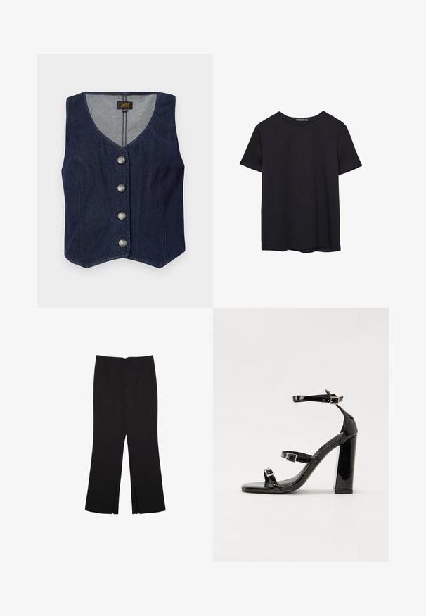 Mörk denimväst med V-ringning, fem metallknappar och en figursydd design. Har en rak fåll och innerfoder i ett ljusare tyg.; En enkel svart bomulls T-shirt med kort ärm och rund hals, uppvisad på en vit bakgrund.; Svarta byxor med rak passform, utrustade med framfickor och sidoklyvningar vid fållen. Tillverkade av mjukt, slätt tyg. Lämpliga för olika tillfällen.; Svarta lackerade klacksandaler med fyrkantig tå, ankelremmar och silverfärgade spännen. Har en kraftig blockklack för stabilitet.