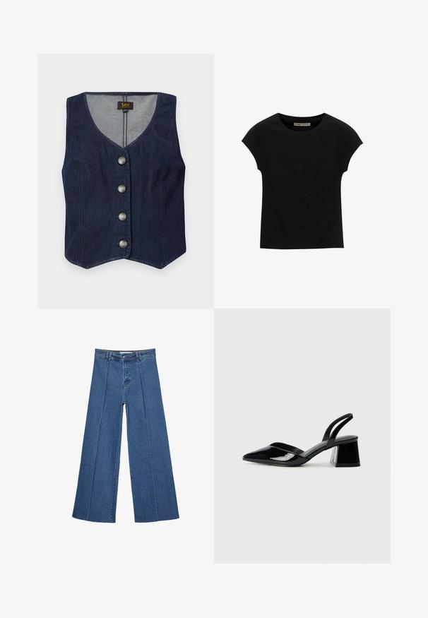 Temno modra usnjena jakna z V-izrezom, petimi kovinskimi gumbi in prilegajočim se krojem. Ima raven rob in notranjo podlogo iz svetlejše tkanine.; Črna kratka majica s kratkimi rokavi, narejena iz mehke tkanine, z okroglim izrezom in sproščenim krojem, z gladko teksturo in brez vzorcev.; Jeans širokih nogavic v srednji modri barvi, z visokim pasom, gumbom in kontrastnimi navpičnimi šivi spredaj.; Črne lakirane slingback pete s koničastim nosom in geometrijsko blokasto peto. Imajo eleganten, minimalističen dizajn in gladko teksturo.