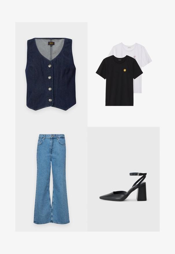 Colete de ganga escura com decote em V, cinco botões metálicos e um design ajustado. Apresenta uma bainha reta e forro em um tecido mais claro.; T-shirts preto e branco, de decote redondo e mangas curtas. A camisa preta apresenta um bordado de sol amarelo; a branca tem um detalhe de lua crescente roxa.; Jeans de brim azuis claros, com corte à boca de sino, apresentando uma cintura alta, cinco bolsos e um fecho de botão único. Textura macia com acabamento desbotado.; Sandal com biqueira afilada em couro preto, com cinta no tornozelo e salto grosso. Textura lisa, design elegante e estética minimalista.