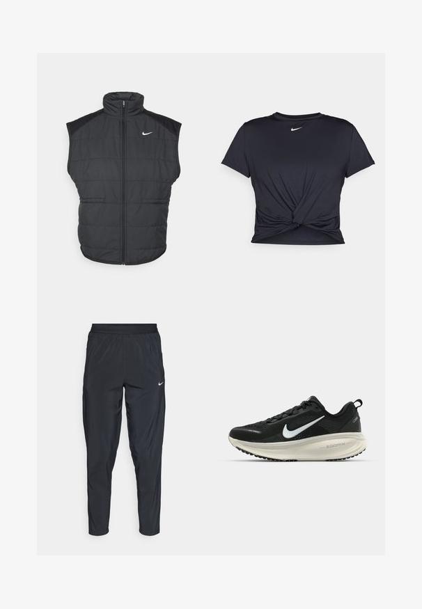 Zwarte puffer gilet met een hoge kraag, ritssluiting aan de voorkant en zijzakken. Beschikt over een Nike-logo op de linkerborst en een gequilt textuur.; Zwarte sportieve T-shirt van gladde stof, met een geknoopt ontwerp aan de voorkant en een klein wit Nike-logo op de borst.; Zwarte sportbroek met elastische tailleband, taps toelopende pijpen en een klein wit logo op de linker dij. Lichtgewicht, gladde stof.; Zwarte Nike hardloopschoen met ademend mesh bovenwerk, witte swoosh-logo, gestructureerde details en een crèmekleurige ZoomX middenzool.