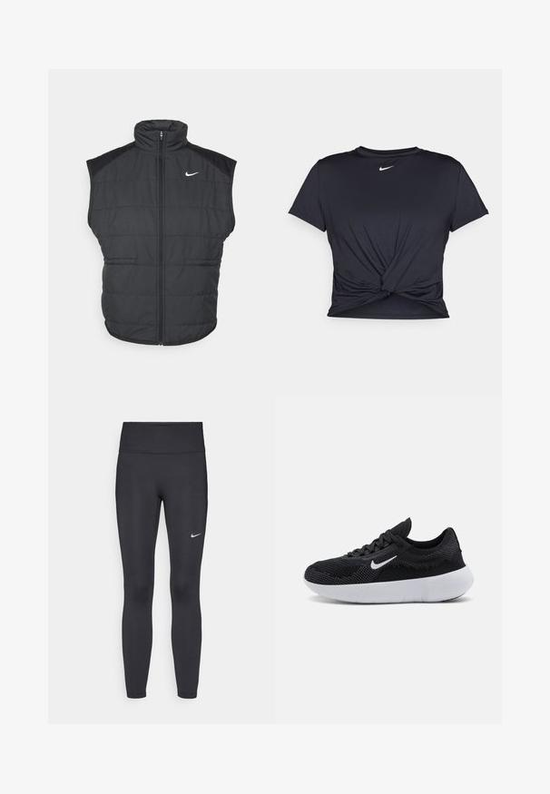 Gilet imbottito nero con colletto alto, chiusura con zip e tasche laterali. Presenta il logo Nike sul lato sinistro del petto e una texture trapuntata.; Maglietta atletica nera realizzata in tessuto liscio, con un design anteriore annodato e un piccolo logo Nike bianco sul petto.; Leggings neri realizzati in tessuto elasticizzato, con una vita alta e un logo Nike bianco sulla coscia sinistra. Tessuto liscio, design aderente.; Scarpa da ginnastica nera con tomaia in mesh, design testurizzato, punta rotonda, suola in gomma bianca e logo Nike di lato.