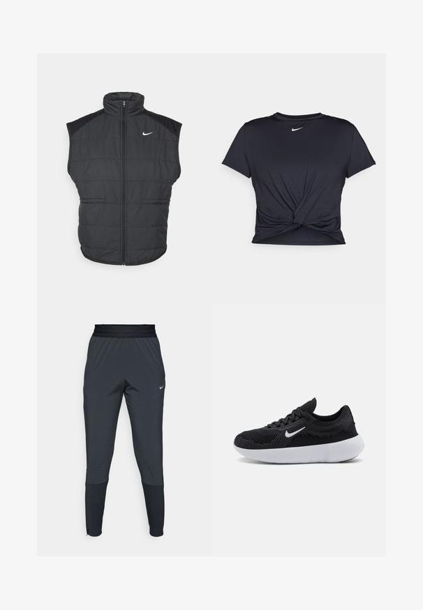 Čierna pufovaná vesta s vysokým golierom, zipsom vpredu a bočnými vreckami. Obsahuje logo Nike na ľavej hrudi a má prešívanú textúru.; Čierne atletické tričko vyrobené z hladkej tkaniny, so zaväzovaným predným dizajnom a malým bielym logom Nike na hrudi.; Športové nohavice Nike v tmavo sivej farbe, s členeným strihom na nohaviciach, elastickým pásom a akcentovanými detailmi pri manžetách.; Čierna atletická obuv s vrchnou časťou z jemnej sieťoviny, textúrovaným dizajnom, okrúhlou špičkou, bielou gumovou podrážkou a logom Nike na boku.