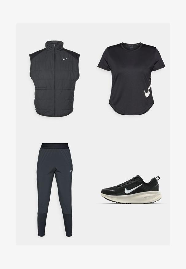 Chaleco acolchado negro con cuello alto, cierre delantero y bolsillos laterales. Presenta un logo de Nike en el lado izquierdo del pecho y una textura acolchada.; Camiseta deportiva negra de manga corta, con un logo de swoosh blanco de Nike en el lado inferior y un dobladillo redondeado.; Pantalones deportivos Nike en gris oscuro, con un diseño de pierna tapered, cinturilla elástica y detalles de acento cerca de los puños.; Zapatilla de running Nike negra con parte superior de malla transpirable, logo Swoosh blanco, detalles texturizados y una entresuela ZoomX de color crema.