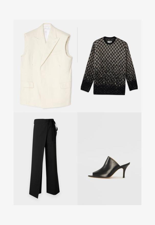 Sacou fără mâneci, de culoare crem, realizat dintr-un material neted, având rever ascuțit, buzunare frontale și o insignă decorativă singulară.; Pulover tricotat cu un model în diamant în nuanțe de bej și negru, cu o degradare graduală a culorilor. Guler rotund și mâneci lungi. Textură moale.; Pantaloni negri cu croială largă și talie cu șnur, având o textură netedă și o deschizătură frontală, concepuți pentru confort și libertate de mișcare.; Mule din piele neagră, cu vârf deschis, cu un design elegant și curbat, toc înalt subțire și textură netedă. Interiorul are o culoare deschisă contrastantă.