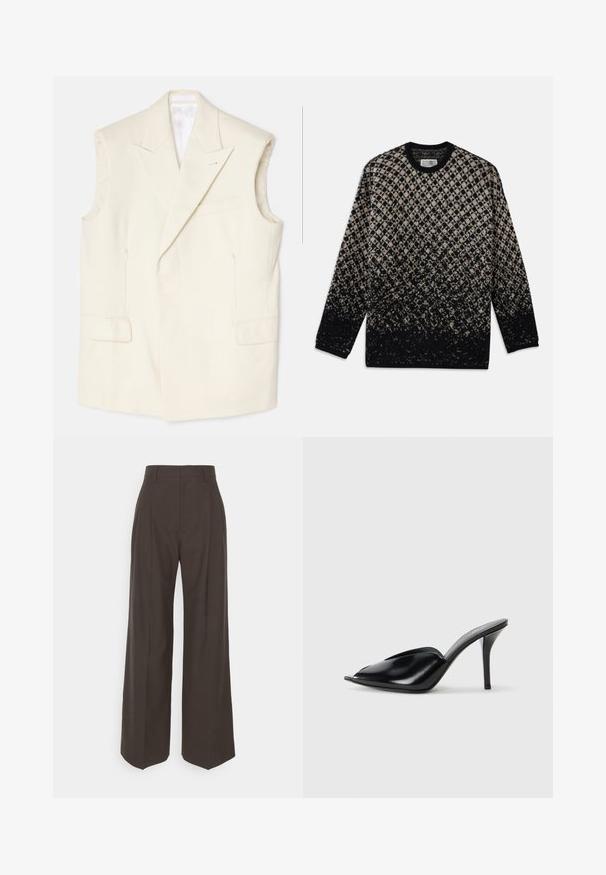 Tejkrém színű, ujjatlan blézer sima anyagból, hegyes reverrel, elülső zsebekkel és egyetlen dísztűvel.; Kötött pulóver bézs és fekete gyémántmintával, fokozatos színátmenettel. Kerek nyakkivágás és hosszú ujjú. Puha tapintású.; Sötétbarna, bő szárú nadrág magas derékkal, tisztán vasalt redőkkel, sima textúrával és testhez simuló fazonnal.; Fekete bőr, nyitott orrú, hegyes kialakítású, sima textúrájú, és karcsú tűsarokkal rendelkező magassarkú mules.
