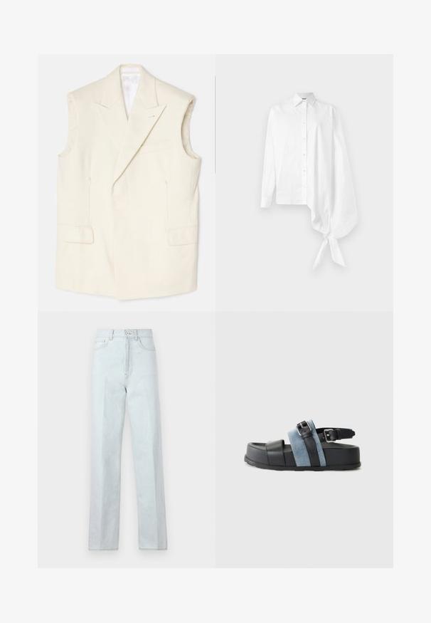 Krēma krāsas bezpiedurkņu žakete, izgatavota no gludas auduma, ar izteiktu lapiņu, priekšējiem kabatām un vienu dekoratīvu piespraudi.; Balta garā piedurkne krekls ar pogu, ar asimetrisku pārspīlētu gathered piedurkni, kas sasieta ap plaukstu labajā pusē.; Gaiši zili denima plati diegi džinsi ar augstu viduci, ar priekšējo rāvējslēdzēju, pogu aizdari un klasisko piecu kabatu dizainu.; Melna un zila sandale ar biezu platformu, ādas un denima materiālu, regulējamu sprādzi un atvērtu purngali.