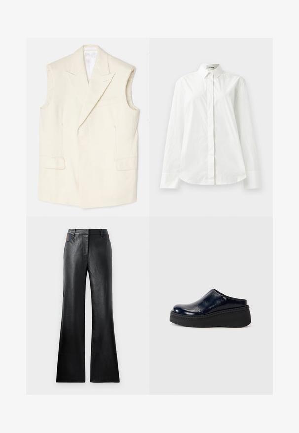 Krémový bezrukávový blejzr z hladké látky, s špičatým klopem, předními kapsami a jednou dekorativní broží.; Bílá bavlněná košile s dlouhým rukávem, špičatým límcem, zapínáním na knoflíky vpředu a zaobleným lemem. Hladká textura, klasický střih a žádné vzory.; Černé kožené rozšířené kalhoty s hladkou texturou, které mají dvě přední kapsy s černými a hnědými akcenty poblíž pasu.; Námořnické modré lakované dřeváky s hladkým povrchem, vybavené silnou černou platformou a viditelným švem podél základny.