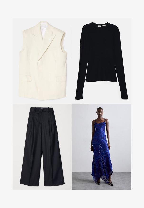 Vaaleankermanvärinen hihaton bleiseri, joka on valmistettu sileästä kankaasta. Siinä on huippukaulus, etutaskut ja yksi koristepinssi.; Mustat pitkät hiharatoppi, joka on valmistettu pehmeästä kankaasta. Topissa on pyöreä pääntie ja rento istuvuus, jossa on sivuhalkiot helman kohdalla liikkumisen helpottamiseksi.; Musta leveälahkeinen housut, jotka on valmistettu sileästä kankaasta. Niissä on korkea vyötärö, laskoksia ja räätälöity muotoilu. Yksinkertaiset mustat metalliosat vyötäröllä.; Sininen ja violetti eläinkuosinen maksimekko ohuiden hihnojen kanssa, istuva yläosa, levenevä helma ja läpikuultava yksityiskohtainen päällyste.