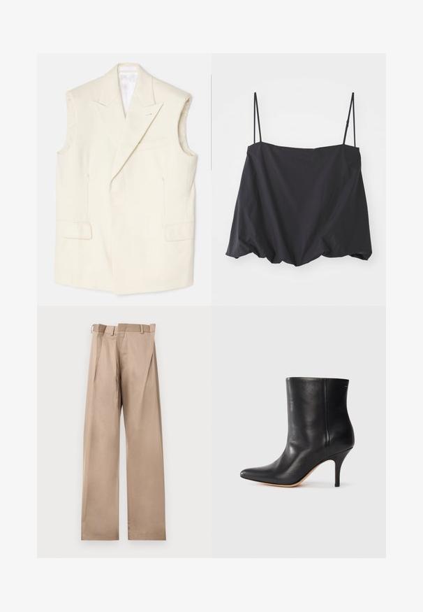 Cremfarbener ärmelloser Blazer aus glattem Material, mit einem spitzen Revers, vorderen Taschen und einer einzelnen dekorativen Nadel.; Schwarzes ärmelloses Oberteil mit dünnen Trägern, lockerer Passform und gerafftem Saum. Hergestellt aus leichtem Stoff mit glatter Textur.; Beige maßgeschneiderte Hosen mit geradem Bein, flacher Front, Gürtelschlaufen und Falten. Gefertigt aus glattem Stoff mit weicher Textur.; Schwarze Leder-Ankle Boots mit spitzem Zeh, schlankem Stiletto-Absatz und glatter Textur. Minimalistisches Design ohne sichtbare Beschläge oder Akzente.
