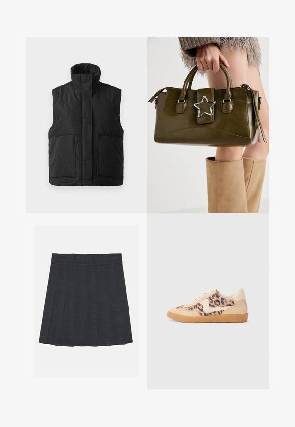 Crni prešani bezrukavni prsluk s visokim ovratnikom, prednjim džepovima i skrivenim prednjim patentnim zatvaračem na bijeloj pozadini.; Bijela pletiva s uzorkom, dugih rukava, okruglog izreza, s ukrasnim bisernim detaljem na ovratniku. Mekana tekstura i prilagođeni dizajn.; Tamno siva plisirana suknja s elastičnom pasicom, s teksturiranim materijalom i klasičnim A-siluetom. Prikladna za svakodnevno nošenje.; Tenisice s uzorkom leoparda, bež nubuk gornjištem, smešnim gumenim đonom i bijelim detaljima. Okrugli vrh i dizajn s vezicama s teksturiranom završnom obradom.; Maslinasto zelena torba od umjetne kože s srebrnim zvijezdastim detaljem, dvostrukim ručkama i zatvaranjem na munje. Teksturirana površina i strukturirani oblik.