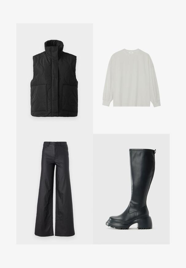 Melna kviltota bezpiedurkņu veste ar augstu apkakli, priekšējiem kabatām un noslēptu priekšējo rāvējslēdzēju uz baltas fona.; Gaišpelēka garām piedurknēm t-krekls, kas izgatavots no mīkstas kokvilnas. Iezīmē vaļīgu piegriezumu, apaļu kakla izgriezumu un viegli saplacinātas piedurknes. Nav rakstu vai grafikas.; Melni, plata kāju bikses no mākslīgās ādas. Iespējas ietver augstu jostasvietu, jostu cilpas, divas priekšu kabatas un izšuvumu detaļas.; Augstas melnas ādas zābakus ar masīvu platformu un bloka papēdi, ar vilkšanas cilpu un strukturētu profilu uz ārējā zoles.