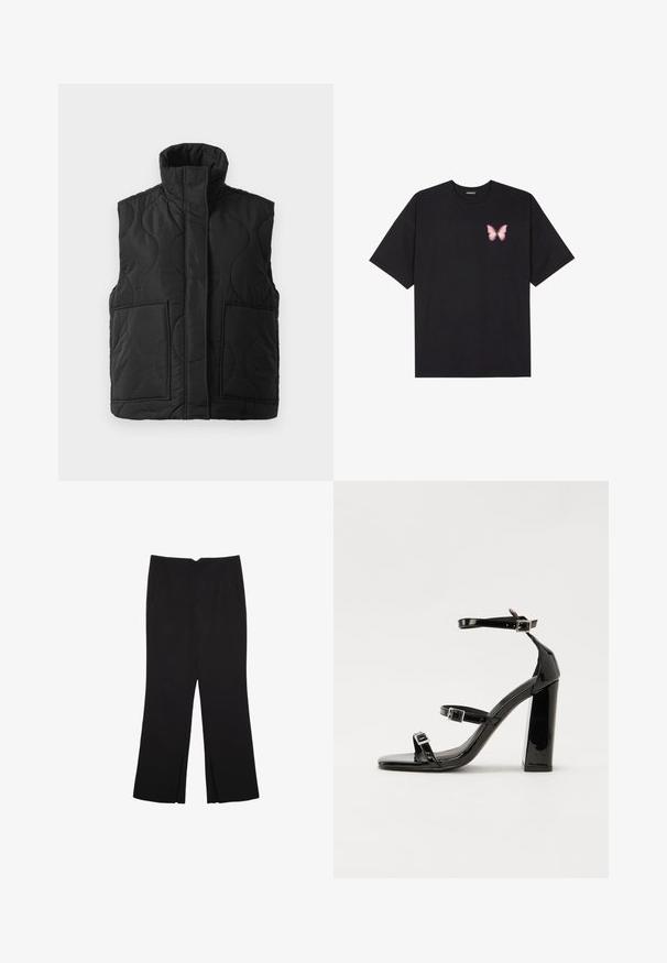 Černá prošívaná bezrukávová vesta s vysokým límcem, předními kapsami a skrytým předním zipem na bílém pozadí.; Černé bavlněné tričko s krátkým rukávem, na levém prsou s malou grafikou růžové motýlky. Design s kruhovým výstřihem a volným střihem.; Černé kalhoty s rovným střihem, s předními kapsami a bočními rozparky na lemu. Vyrobené z jemné, hladké tkaniny. Vhodné na různé příležitosti.; Černé lakované sandály na vysokém podpatku se dvěma pásky se sponami, čtvercovou špičkou a robustním blokovým podpatkem, s hladkou, lesklou texturou.