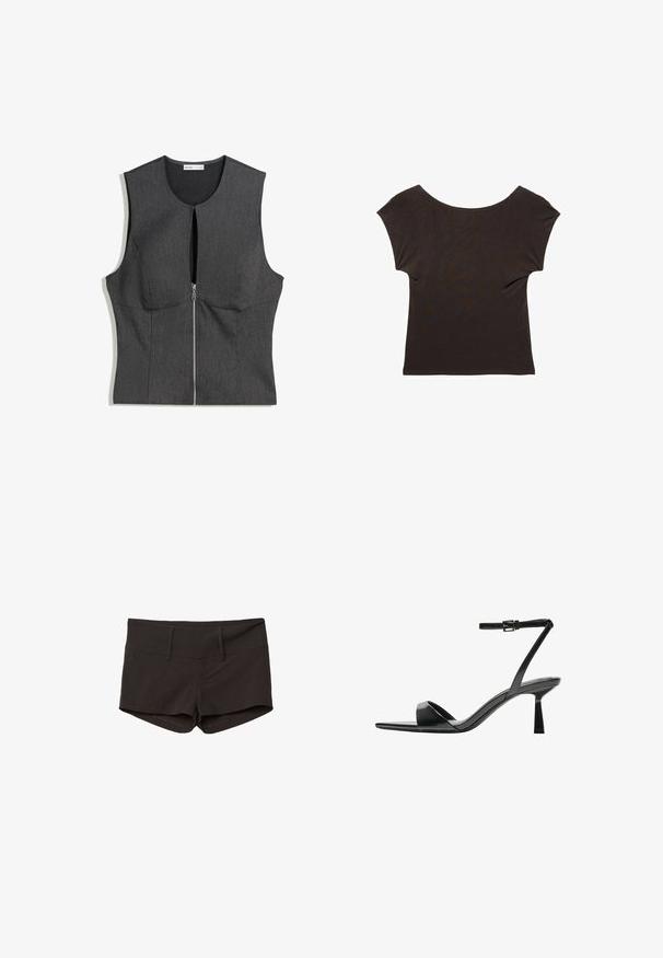 Mörkgrå ärmlös topp med rundad halsringning, framdragkedja och strukturerad design. Tillverkad av ett texturerat, vävt tyg.; Mörkbrun kortärmad topp med en bred, rundad halsringning. Tillverkad av mjukt, slätt tyg med en figurnära siluett. Inga synliga mönster eller utsmyckningar.; Svarta bomullsshorts med en figurnära design, som har en mjuk yta och två framfickor. Midje med medelhög höjd och inga synliga mönster.; Bershka Sandaletter - black