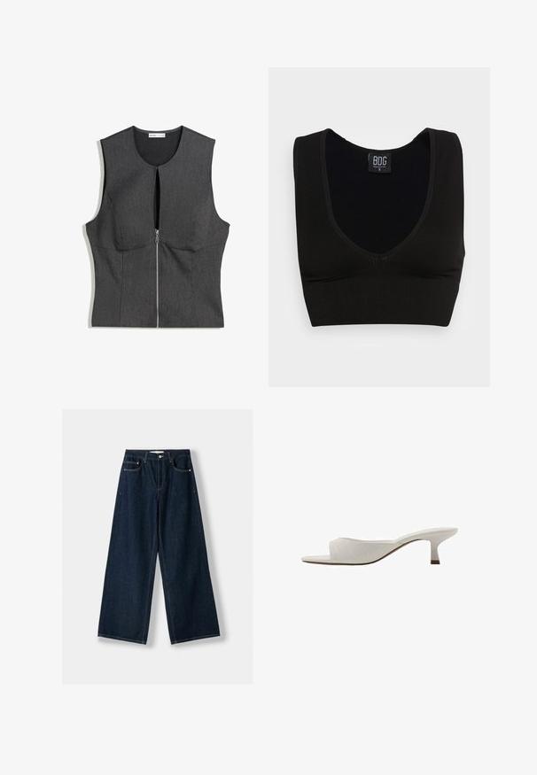 Top fără mâneci de culoare gri închis, cu decolteu rotund, închidere cu fermoar pe față și design structurat. Fabricat dintr-un material texturat, țesut.; Top scurt negru cu nervuri, cu bretele late și decolteu adânc în formă de V. Eticheta indică "BDG", mărimea mică, având o textură netedă și un design ajustat.; Jeansi largi, de culoare albastru închis, realizați din denim. Au cinci buzunare, închidere cu nasture și fermoar, și detalii de cusătură în contrast.; Mule albe cu vârful deschis, cu un design curbat, toc mic, textură netedă și un model subtil cusut. Accente maro pe baza tocului.