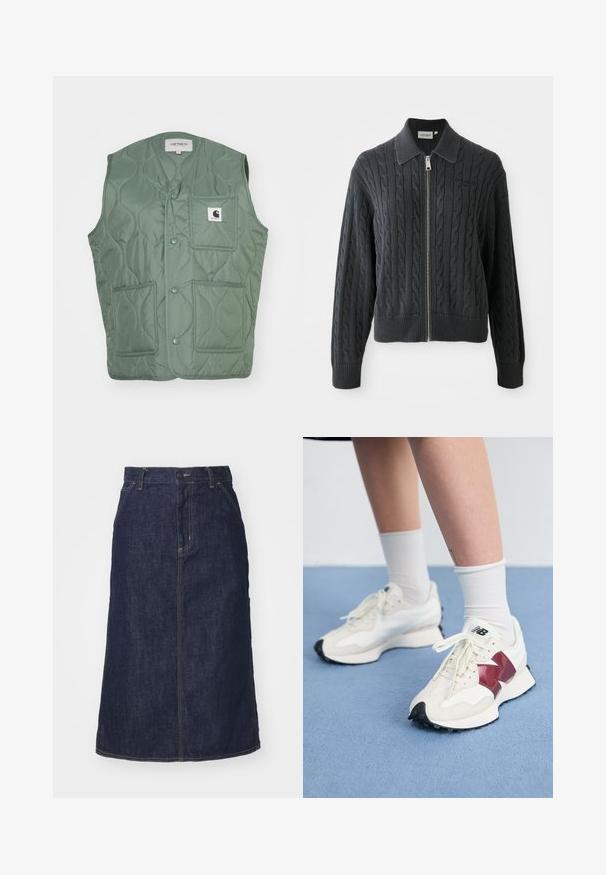 Colete acolchoado em verde suave, com decote em V, botões de pressão, dois bolsos frontais e um patch de logótipo. Material sintético leve.; Pullover cinza escuro com fecho de zip, padrão de malha trançada, design com gola e punhos e bainha canelados. Apresenta um fecho de zipper prateado.; Camisola preta sem mangas feita de tecido canelado, com decote redondo e um pequeno logótipo na parte da frente. Design simples e ajustado.; Saia de ganga escura de cintura alta, corte reto, com bolsos frontais e costuras aparadas. Apresenta um fecho de correr e botão na cintura.; Par de tênis brancos com detalhes em bordô, painéis texturizados, sola preta lisa e atacadores claros, usados com meias brancas até ao tornozelo.