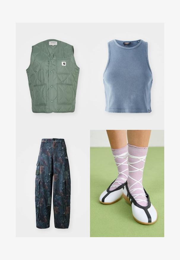 Quilted prsluk u prigušenoj zelenoj boji, s V-izrezom, gumbima na klik, dva prednja džepa i oznakom logoa. Lagani sintetički materijal.; Svijetloplava rebrasta kratka majica s okruglim izrezom i bez rukava. Glatka tekstura i mali logotip na rubu.; Maskirne cargo hlače u tamnozelenoj i smeškoj boji, sa višestrukim džepovima i slobodnim krojem, izrađene od laganog, izdržljivog materijala.; Bijele ravne cipele s crnim obrubom i potplatom, uparene s svijetlopurpurastim rebrastim čarapama koje imaju bijele križne trake. Postavljene na zelenoj pozadini.