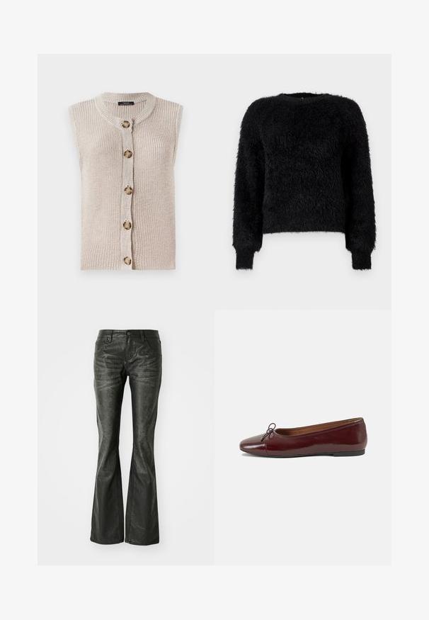 Bežinė be rankovių megzta kardiganas su apvaliu kaklu, mygtukų uždarymu priekyje ir tekstūruotu audiniu, puikiais apvaliais mygtukais.; Juodas pūkuotas ilgos rankovės džemperis su apvaliu kaklu, pagamintas iš minkštos tekstūros audinio ir su raukšlėmis ant rankovių, priešais paprastą baltą fono.; Juodos dirbtinės odos flared džinsai su priekinėmis kišenėmis, metaliniu mygtuko uždarymu ir šiek tiek tekstūruota paviršių. Tiesūs džinsai su ilgu kirpimu.; Bordo lakiotos odos baleto bateliai su apvalia nosimi, maža kaspinėlio akcentu priekyje ir žema juoda guma padanga. Lygi tekstūra.