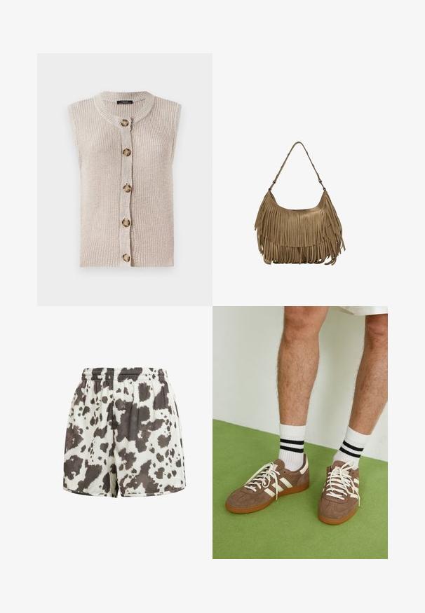 Bezrukávý béžový pletený kardigan s kulatým výstřihem, zapínáním na knoflíky a texturovanou tkaninou s velkými kulatými knoflíky.; Hnědý řasený top bez rukávů se zakulacenými okraji a volánkovými ramínky, s přiléhavým střihem a jemnou texturou, nošený přes bílé spodní díly.; Krémové kraťasy se stahovací šňůrkou a nášivkou s hnědými a černými skvrnami připomínajícími kravský vzor. Hladká textura, volný střih, prošitý lem a elastický pas.; Hnědé semišové tenisky s bílými akcenty a tkaničkami. Gumová podrážka. Nošeny s bílými ponožkami s černými pruhy. Zelená strukturovaná podlaha.; Hnědá semišová kabelka s dlouhými třásněmi, zakřiveným tvarem a jedním ramenním popruhem. Vyznačuje se hladkým, texturovaným povrchem.