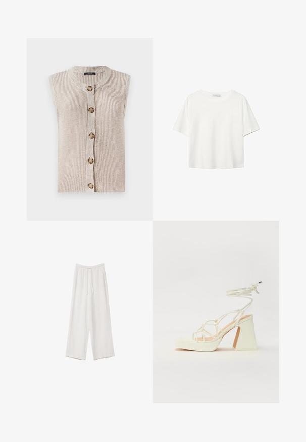 Bezrokavni bež pleteni kardigan z okroglimo ovratnikom, zapiranjem na gumbe spredaj in teksturirano tkanino z velikimi okroglimi gumbi.; Bela kratka majica s kratkimi rokavi iz bombaža. Ima okroglo izrezovanje in sproščen kroj. Gladka tekstura brez vidnih vzorcev ali poudarkov.; Bele široke hlače iz lahkega materiala. Imajo elastičen pas s vrvico in stranske žepe. Gladka tekstura.; Bela sandala na visokih petah s debelim petam, ki ima obliko trakcev in vezanje okoli gležnja. Gladka tekstura z platformo spredaj za dodatno višino.