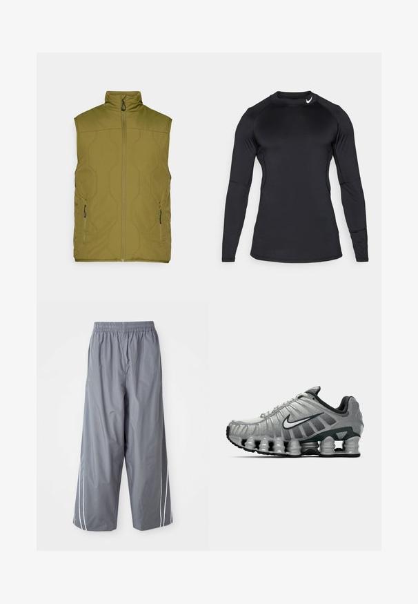 Olivgrüner, gestepptes West mit hohem Kragen, Frontreißverschluss und zwei seitlichen Taschen. Glatte Textur, minimalistisches Design, leichtes Material.; Schwarzes, langärmeliges Sporthemd aus glattem, dehnbarem Material mit Rundhalsausschnitt und dezentem Logo oben links.; Graue, leichte, synthetische weit geschnittene Hosen mit elastischem Bund und weißen Seitenstreifen. Glatte Textur mit einem lässigen Design.; Grauer und schwarzer Nike-Laufschuh mit sichtbarer federähnlicher Dämpfung unter der Sohle und einem weißen Swoosh-Logo an der Seite.