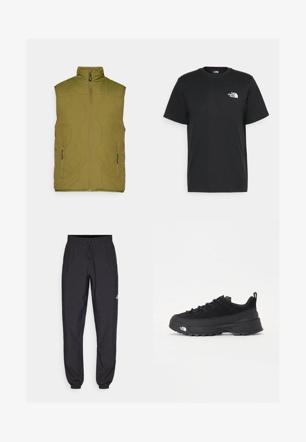 Olivgrüner, gestepptes West mit hohem Kragen, Frontreißverschluss und zwei seitlichen Taschen. Glatte Textur, minimalistisches Design, leichtes Material.; Schwarzes Baumwoll-T-Shirt mit kurzen Ärmeln, Rundhalsausschnitt und einem kleinen weißen Logo auf der linken Brust. Schlichtes Design, glatte Textur und lockere Passform.; Schwarze Sporthosen aus leichtem Stoff, mit einem Kordelzugbund, seitlichen Taschen und schmal zulaufenden Bündchen an den Knöcheln.; Schwarzer Outdoorsneaker mit einem Obermaterial aus Wildleder, strukturierter Gummisohle und robustem Schnürsystem. Verfügt über eine verstärkte Ferse und das Markenlogo an der Seite.