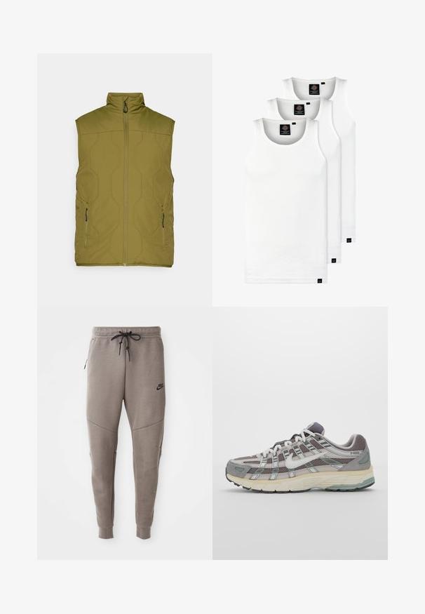 Olive green, quilted vest with high collar, front zipper, and two side pockets. Smooth texture, minimalistic design, lightweight fabric.; Three white ribbed tank tops made of cotton. Features a crew neck and small black labels near the hem. Available in multiple sizes.; Gray Nike sweatpants with a drawstring waistband, tapered legs, side pockets, and distinct seam detailing. Soft, textured fabric.; Gray athletic shoe featuring a mesh and suede upper, white accents, a cushioned sole, and a distinctive design with reflective elements.