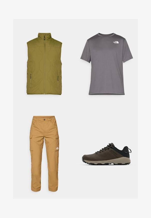 Vest cu guler înalt, căptușit, de culoare verde măsliniu, cu fermoar frontal și două buzunare laterale. Textură netedă, design minimalist, material ușor.; Tricou sportiv gri cu maneci scurte, realizat dintr-un material neted și ușor. Dispune de un logo alb pe partea stângă a pieptului. Design cu guler rotund.; The North Face EXPLORATION PANTS - Pantaloni cargo - utility brown; Adidași impermeabili maro, cu un superior texturat, accente perforate, suport pentru călcâie negru și o talpă din cauciuc gri. Șireturile au vârfuri metalice.
