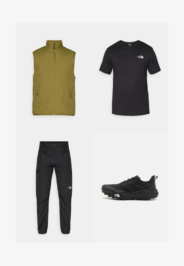 Olive green, quilted vest with high collar, front zipper, and two side pockets. Smooth texture, minimalistic design, lightweight fabric.; Black short-sleeve t-shirt made of cotton, featuring a round neckline and a small white logo on the upper left chest area.; The North Face HORIZON PANT - Outdoor trousers - black; Black trail running shoe with a textured upper, rubber sole, and reinforced toe cap. Features a padded collar and pull tab for easy wear.