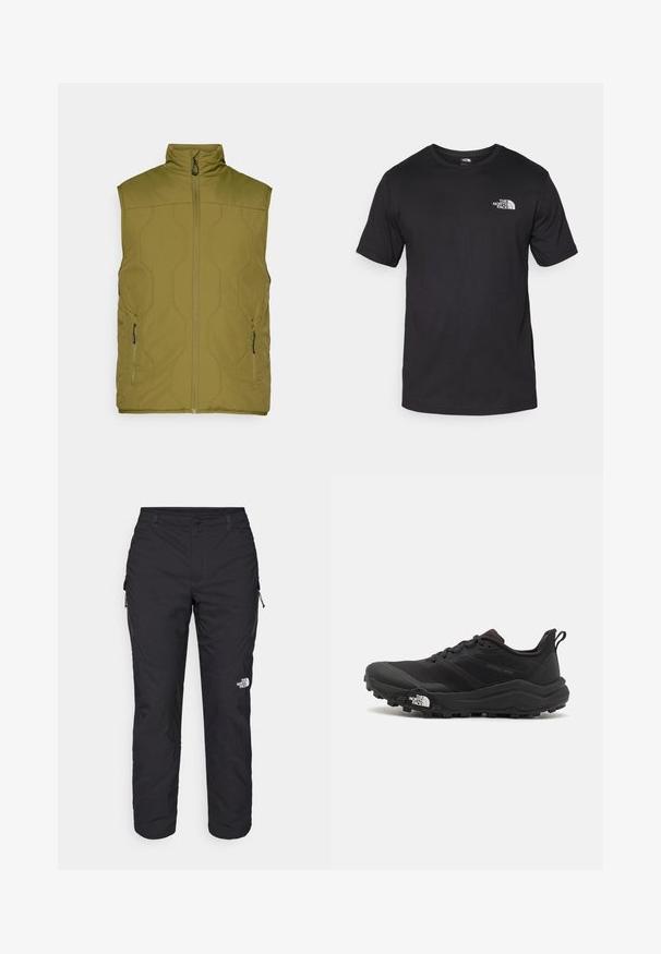 Olīvu zaļa, quilted veste ar augstu apkakli, priekšējo rāvējslēdzēju un divām sānu kabatām. Gluda tekstūra, minimālisma dizains, viegla auduma sastāvs.; Melna īsām piedurknēm T-krekls, kas izgatavots no kokvilnas, ar apaļu dekoltē un nelielu baltu logotipu augšējā kreisajā krūtīs.; The North Face WINTER EXPLORATION TAPERED CARGO - Āra bikses - black; Melnas taku skriešanas kurpes ar teksturētu virsu, gumijas zoli un pastiprinātu pirkstu daļu. Aprīkotas ar mīkstu apkakli un vilkšanas cilpu, lai viegli uzvilktu.