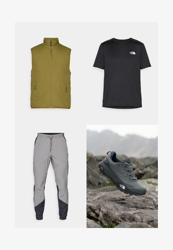 Olivengrønn, quiltet vest med høy krage, frontglidelås og to sidelommer. Glatt tekstur, minimalistisk design, lett stoff.; Svart kortermet T-skjorte laget av lett materiale. Har en liten hvit logo på venstre bryst og subtile skulderdetaljer.; Lettvektige, grå treningsbukser med svarte detaljer. Elastisk midjebånd, snøring, tapered benedesign og sidelommer.; Grå terrengløpesko med en teksturert overdel, slitesterk gummisåle og forsterket tåhette. Inkluderer snørebånd og merkevarelogo på siden.