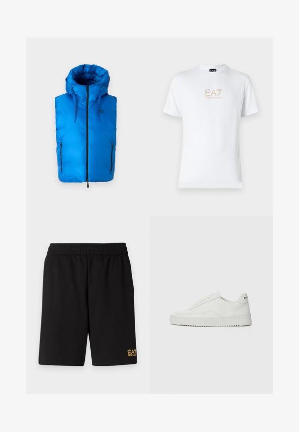 Modrá puffová vesta s kapucňou, obsahujúca plný zips, dve bočné vrecká so zipsom a nastaviteľné šnúrky na kapucni.; Biela bavlnená tričko s okrúhlym výstrihom a krátkymi rukávmi, na prednej strane s potlačou zlatého loga EA7 Emporio Armani.; Čierne športové šortky vyrobené z jemného materiálu, s elastickým pásom a malým žltým logom EA7 na dolnej ľavej nohe.; Biele kožené tenisky s hladkým povrchom, okrúly špičkový dizajn, ploché šnúrky a textúrovaná podrážka. Obsahujú jemné logo na päte.