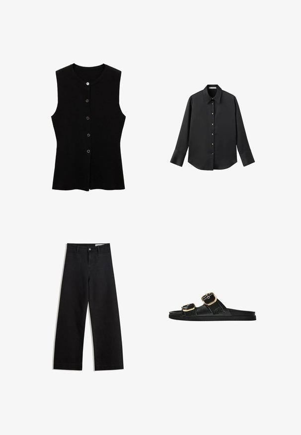 Black sleeveless top made of textured fabric, featuring a round neckline and gold-tone button closures down the front for fastening.; Black long-sleeve shirt in smooth fabric, featuring a classic collar, front button closure with gold-tone buttons, and wide cuffs.; Black wide-leg denim pants with a high waist, featuring front and back pockets, stitched seams, and a button closure. Smooth texture.; Black slide sandal with two gold buckle accents, smooth textured material, flat sole, and a minimalist design.