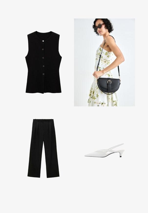 Top negru fără mâneci, realizat dintr-un material texturat, cu decolteu rotund și închizători cu nasturi aurii pe față pentru fixare.; Bluză albă cu un design pe un umăr, având un accent floral pe o parte și un panou lung, legat în talie. Textură netedă.; Pantaloni negri cu picioare largi și pliseuri, având o textură netedă și un design cu talie înaltă. Stil minimalist, fără accesorii sau detalii vizibile.; Sandale albe cu toc slingback și vârf ascuțit, având un upper neted, decupaje subtile și un toc bloc mic. Talpa neagră accentuează designul.; Geantă din piele neagră, cu o formă curbată, curea detașabilă și accesorii aurii. Geanta are un capac cu un detaliu tip cataramă.