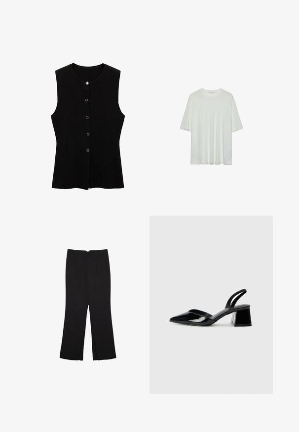 Schwarzes ärmelloses Oberteil aus strukturiertem Stoff, mit Rundhalsausschnitt und goldfarbigen Druckknöpfen auf der Vorderseite zum Verschließen.; Weißes Kurzarm-T-Shirt, runder Halsausschnitt, weicher Baumwollmischstoff, lockere Passform, nahtsaum, minimalistisches Design ohne Verzierungen.; Schwarze Hose mit geradem Schnitt, ausgestattet mit Fronttaschen und Seitenschlitzen am Saum. Hergestellt aus weichem, glattem Stoff. Geeignet für verschiedene Anlässe.; Schwarze Lackleder-Slingback-High Heels mit spitzem Schuh und einem geometrischen Blockabsatz. Verfügt über ein schlankes, minimalistisches Design und eine glatte Textur.