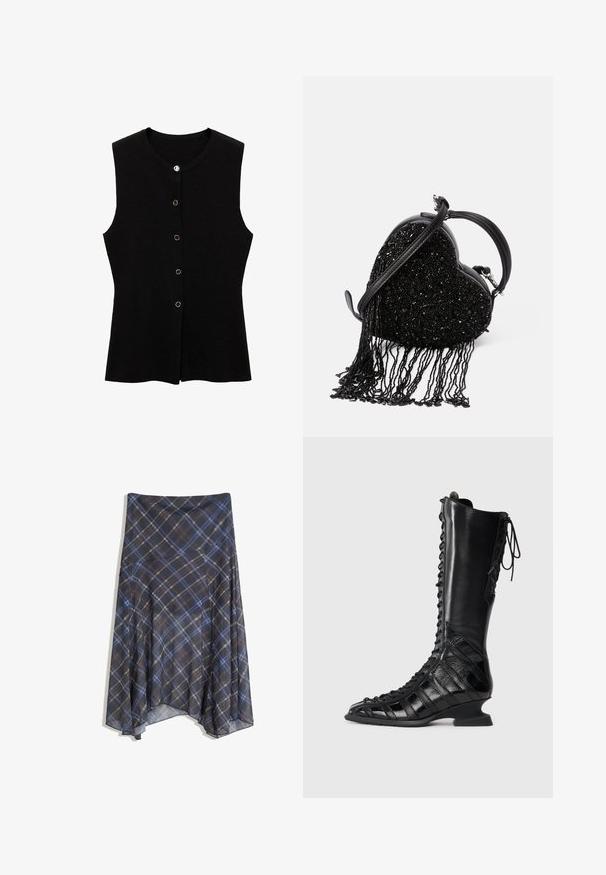 Čierny bezrukávový top vyrobený z textúrovanej látky, s okrúhlym výstrihom a zlatými gombíkmi na uzatváranie vpredu.; Hladký, bezrukávový top svetlo sivej farby s okrúhlym výstrihom a diskrétnym logom vpredu. Vyrobený z mäkkého, elastického materiálu.; Čierna kockovaná sukňa s modrými a hnedými prúžkami, voľný strih, stredná dĺžka, vyrobená z ľahkej látky s hladkým povrchom.; Čierne vysoké čižmy po kolená s viazaním vpredu, vyrobené z hladkej a štruktúrovanej kože, so sochárskym podpätkom a geometrickým panelovým dizajnom.; Čierna kabelka v tvare srdca s perleťovým povrchom a strapcami, hladkým koženým uchom a odnímateľným ramenným popruhom.