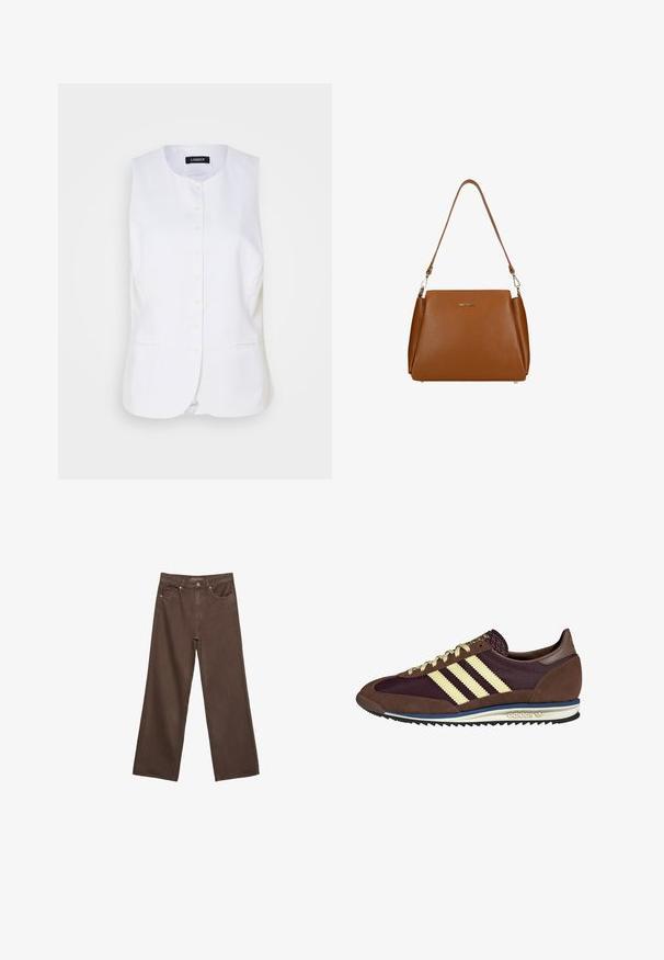 White linen vest with a round neckline, front button closure, and side pockets. Tailored fit with a smooth texture and minimal design.; Textured sweater featuring horizontal stripes in brown, blue, yellow, and green hues, constructed from fuzzy yarn. Brand label visible.; Wide-leg brown jeans made of denim, featuring a high waist, front pockets, and a classic button closure. Smooth texture with subtle stitching.; Brown and burgundy sneaker with suede and mesh materials, featuring three cream stripes, textured fabric on the tongue, and a rubber sole.; Brown leather handbag with a textured surface, a single shoulder strap, and a subtle logo on the front. Features a structured design.