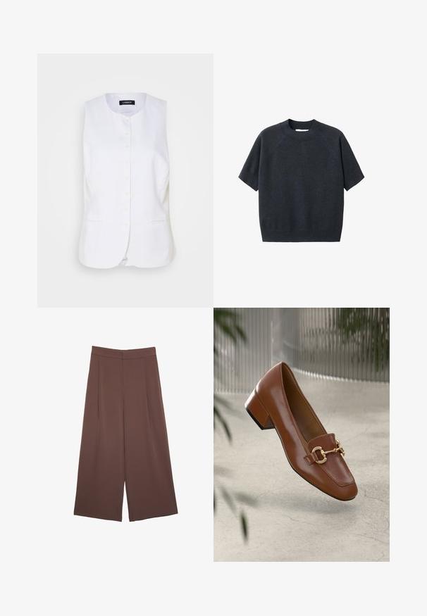 White linen vest with a round neckline, front button closure, and side pockets. Tailored fit with a smooth texture and minimal design.; Dark gray short-sleeve knit sweater with a crew neck, featuring a loose fit and raglan sleeves, made from a soft, textured fabric.; Brown wide-leg trousers with a smooth texture, featuring a high waist and front pleats. The fabric is lightweight and flows loosely.; Brown patent leather loafer with square toe, metallic chain accent, and low block heel; smooth texture, minimalist design.