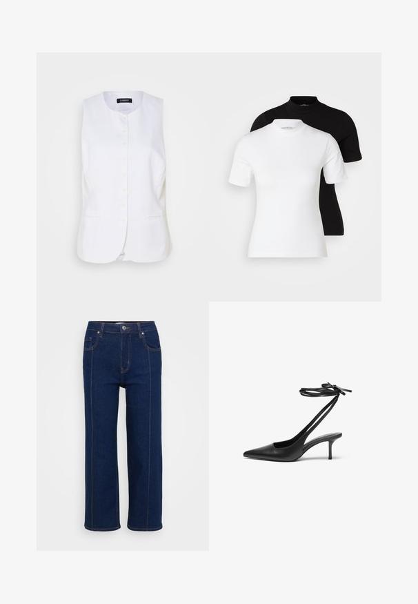 White linen vest with a round neckline, front button closure, and side pockets. Tailored fit with a smooth texture and minimal design.; Even&Odd Petite 2 PACK - Basic T-shirt - white/black; Dark blue straight-leg jeans with button closure, front and back pockets, and visible orange stitching along seams.; Black leather stiletto shoe with a pointed toe, open back, and ankle straps tied in a bow. Slim 3-inch heel. Smooth texture, minimalist design.