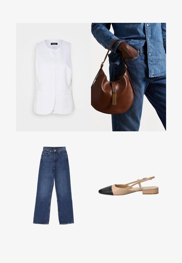 Vit linneväst med rund halsringning, knäppning fram och sidofickor. Skärpassform med en mjuk struktur och minimal design.; Två ärmlösa ribbade polotröjor i brunt och svart, presenterade mot en enfärgad vit bakgrund.; Bredbenta blå denimjeans med hög midja, med knäppning, fem fickor och subtila blekningar på tyget.; Beige och svart tvåtonad slingback-sko med spetsig tå, platt klack och korsade remmar. Slät läderstruktur.; Brun läder hobo-väska med en rund form, som har en accent av guldmetall och kontrasterande sömmar. Kombinerad med en denimskjorta och jeans.