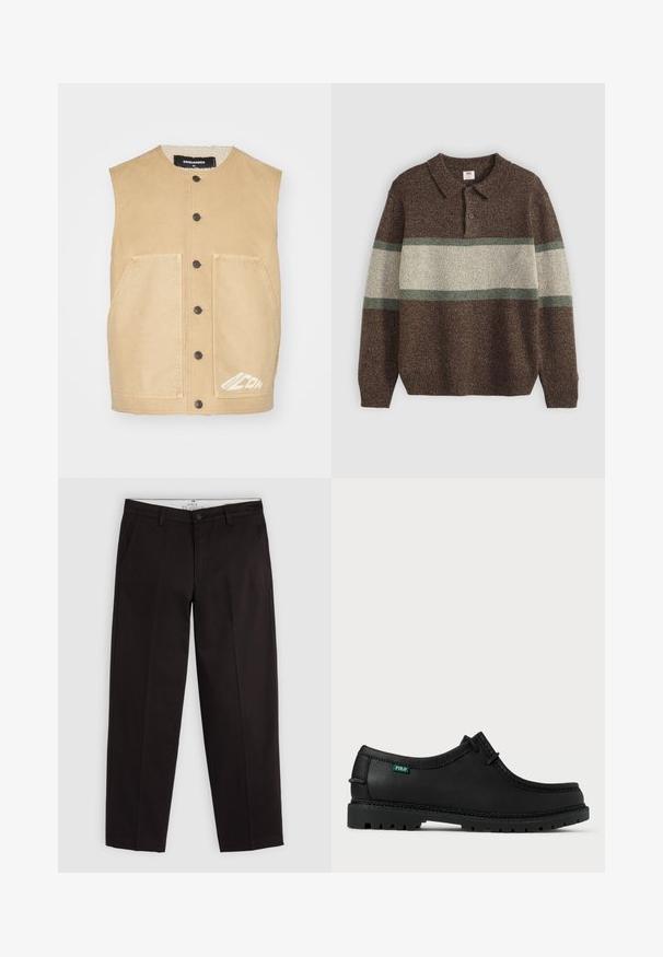 Colete khaki sem mangas com decote redondo, fecho frontal com botões, dois bolsos grandes e detalhe do logótipo branco na bainha. Tecido de textura suave.; Pulôver tricotado castanho com gola e três botões. Apresenta largas riscas horizontais em bege e verde. Tecido texturizado com punhos canelados.; Chinos pretos de perna reta com passantes para cinto, fecho de botão e bolsos laterais, exibidos sobre um fundo cinza-claro.; Sapato preto de pele com perfil baixo, bico redondo e sola texturizada. Apresenta etiqueta verde "POLO" e costura em contraste ao longo da borda.