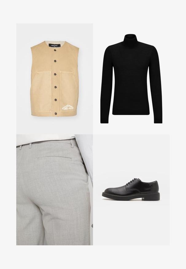 Khaki liivikaelusega vest ilma varrukateta, esine nööpide sulgemisega, kahe suure taskuga ja valge logo detailiga allääres. Pehme tekstuuriga kangas.; Mustahuivi neule, joka on valmistettu pehmeästä materiaalista, jossa on pitkät hihat ja tiukka istuvuus. Ribbaus reunassa ja hihansuissa. Yksinkertainen muotoilu.; Vaaleanharmaat räätälöidyt housut tekstuuripintaisesta kankaasta, joissa on yksi takatasku ja siistit saumat.; Mustat nahkasaappaat, joissa on pyöreä kärki, sileä pinta, minimaalinen ommel ja matala kumipohja. Logo kannassa.