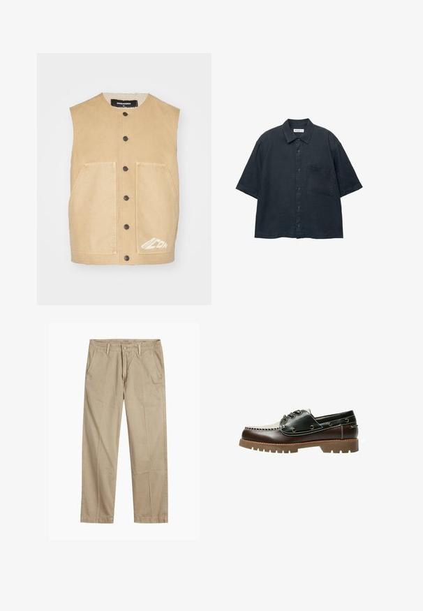 Khaki ärmellose Weste mit rundem Ausschnitt, vorderer Knopfleiste, zwei großen Taschen und weißen Logo-Details am Saum. Weicher Stoff.; Dunkelblauses Kurzarm-Hemd mit Knopfleiste, aus leichtem Stoff gefertigt, mit einer Brusttasche und einem klassischen Kragen-Design.; Beige gerade geschnittene Chinos mit Gürtelschlaufen, vorderem Knopf- und Reißverschlussverschluss sowie schrägen Fronttaschen.; Braun-schwarzes Leder-Bootsschuh mit Schnürung, kontrastierenden Nähten und einer strukturierten Gummisohle. Verfügt über Metallösen und eine abgerundete Zehenpartie.