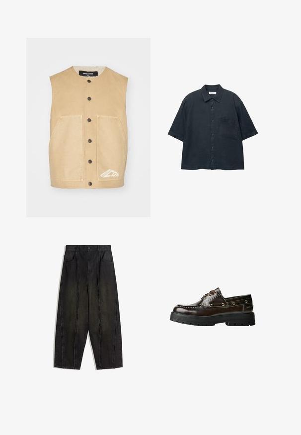 Khaki ärmellose Weste mit rundem Ausschnitt, vorderer Knopfleiste, zwei großen Taschen und weißen Logo-Details am Saum. Weicher Stoff.; Dunkelblauses Kurzarm-Hemd mit Knopfleiste, aus leichtem Stoff gefertigt, mit einer Brusttasche und einem klassischen Kragen-Design.; Schwarze weit geschnittene Jeanshose mit sichtbaren Nähten und fransigen Kanten, ausgestattet mit zwei vorderen Taschen und einem hoch geschnittenen Design.; Braune Lederbootsschuhe mit Gummisohle, die mit Nahtdetails, Metallösen und einer Schnürung ausgestattet sind. Robuste, leichtgewichtige Konstruktion.