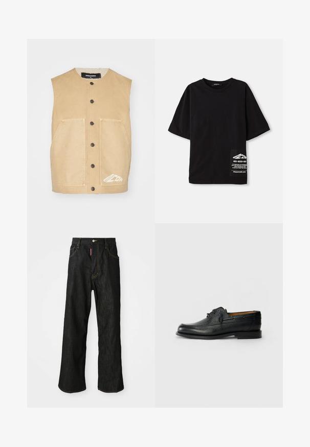 Χακί αμάνικο γιλέκο με στρογγυλή λαιμόκοψη, κλείσιμο με κουμπί μπροστά, δύο μεγάλες τσέπες και λευκή λεπτομέρεια λογότυπου στο τελείωμα. Μαλακό υλικό.; Μαύρο oversized μπλουζάκι φτιαγμένο από βαμβάκι, με κοντά μανίκια, στρογγυλή λαιμόκοψη και ετικέτα με λευκό κείμενο σε πλευρική τσέπη.; Μαύρα τζιν ίσιας γραμμής με κίτρινη ραφή, πέντε τσέπες, κλείσιμο με κουμπί και μία μικρή κόκκινη ετικέτα στη μπροστινή δεξιά τσέπη.; Μαύρο δερμάτινο παπούτσι με υφή, στρογγυλή μύτη και σχέδιο δέσιμο με δύο οπές. Διαθέτει επίπεδη σόλα και σοβαρό λογότυπο στο πλάι.